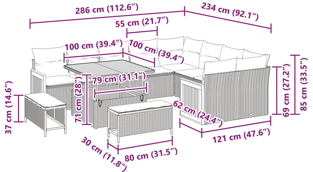 Conjunto de Sofá de Jardim vidaXL 12 Peças com Almofadas Vime Poliéste