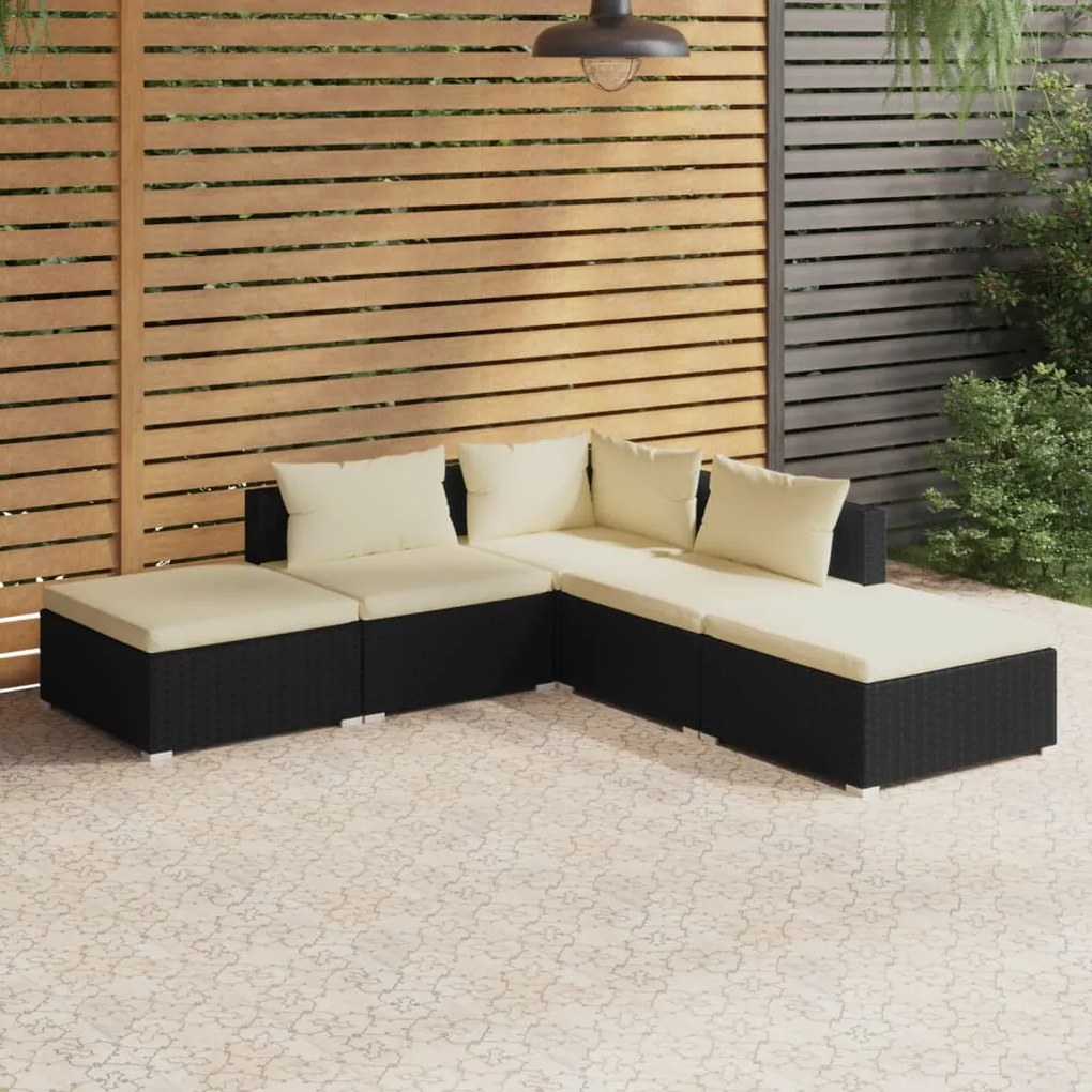 vidaXL 5 pcs conjunto lounge de jardim c/ almofadões vime PE preto