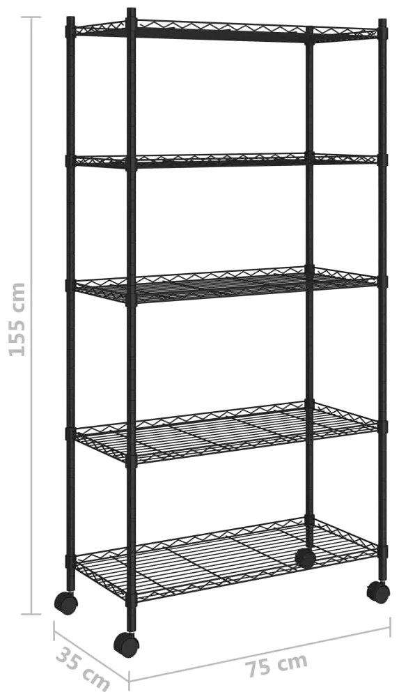 Unidade de 5 prateleiras com rodas 75x35x155 cm 250 Kg preto