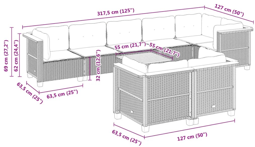 9 pcs conjunto de sofás p/ jardim c/ almofadões vime PE preto