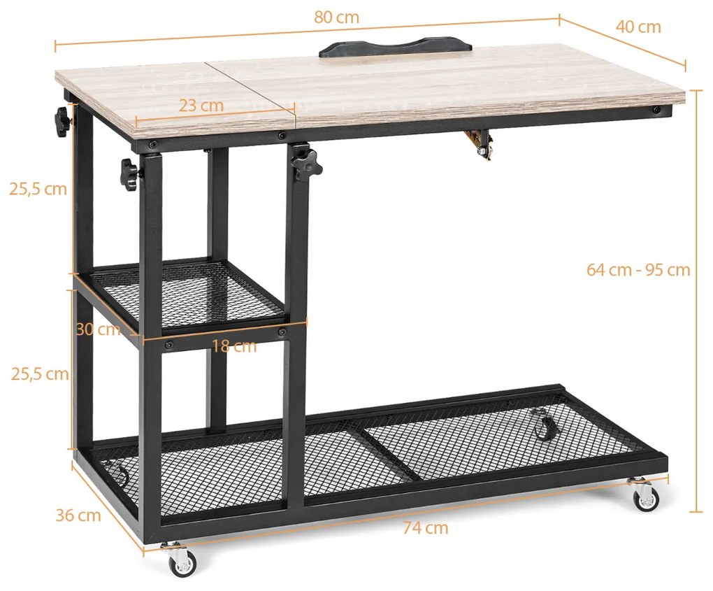 Mesa lateral móvel em forma de C com altura ajustável para computador, superfície de sofá com inclinação industrial, sala de estar, quarto, natural