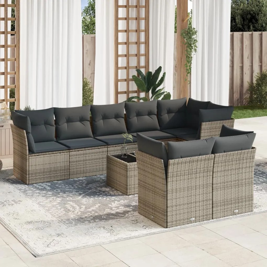 9 pcs conjunto sofás p/ jardim com almofadões vime PE cinzento