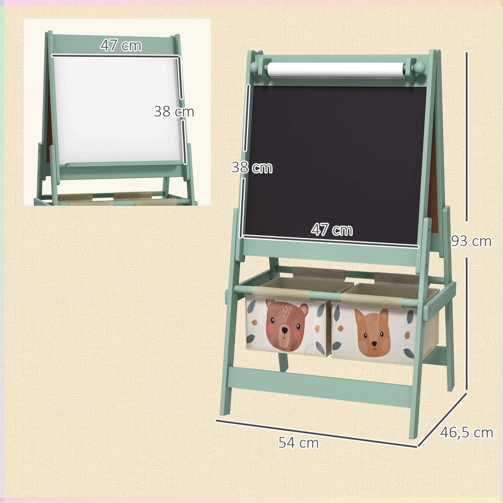 Cavalete para Crianças 3 em 1 Cavalete de Arte com Rolo de Papel Quadro e 2 Cestas de Armazenamento 54x46,5x93 cm Verde