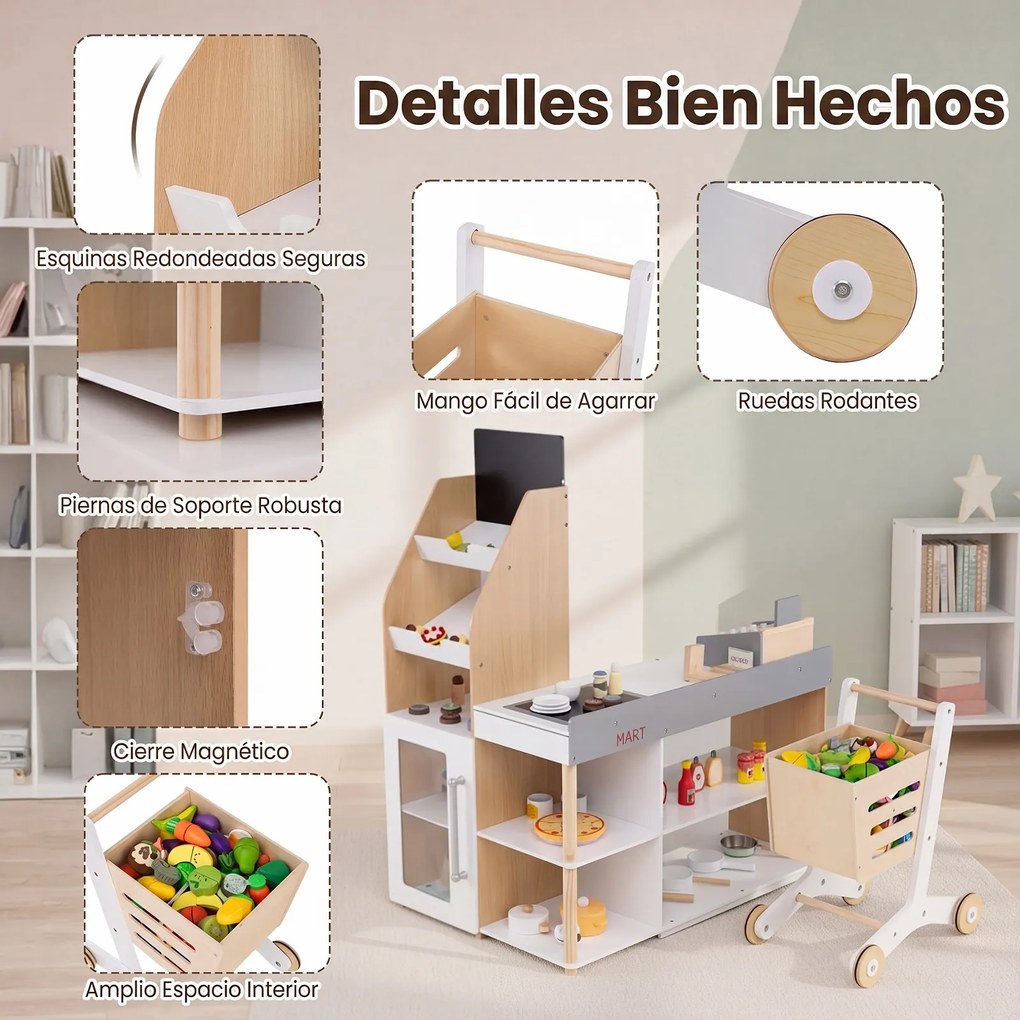 Conjunto de Loja Infantil com Carrinho de Compras e Caixa Registadora, 90 x 62,5 x 110,5 cm, Estrutura de Madeira, Natural
