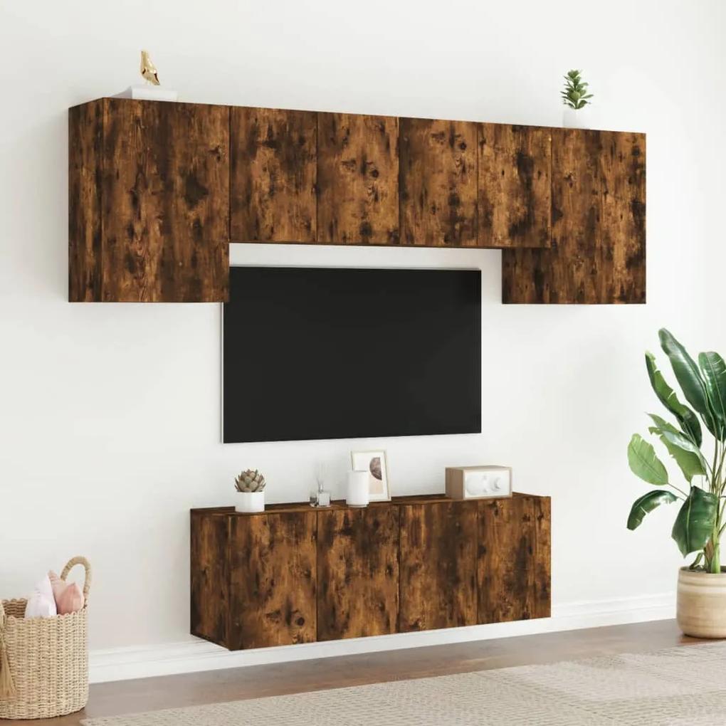 6 pcs móveis de parede p/ TV derivados madeira carvalho fumado
