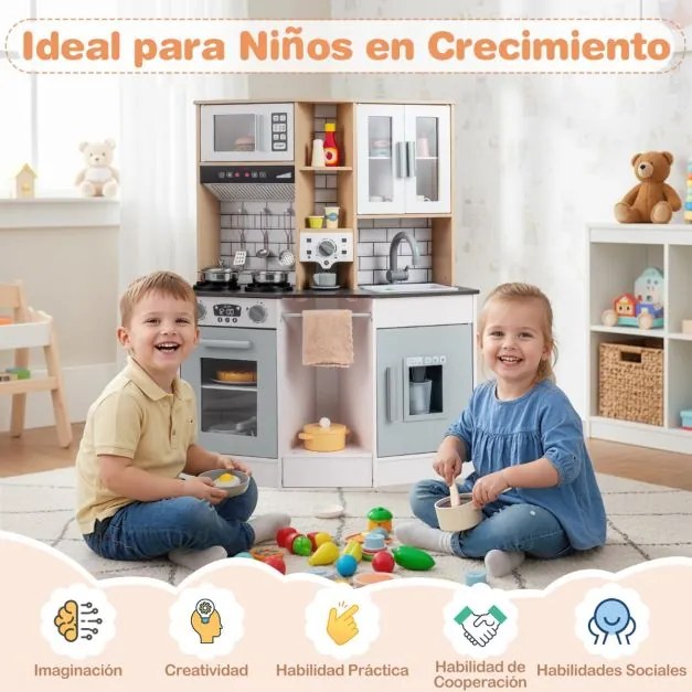 Cozinha de brincar para crianças 75 x 36 x 96 cm de madeira com som e luz Fogão Pia Exaustor Acessórios de cozinha cinza e natural