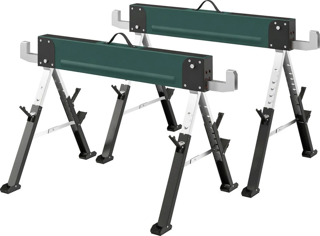 Conjunto de 2 cavaletes dobráveis em metal, carga máxima de 1160 kg, altura ajustável entre 64 e 81 cm, pega de transporte, verde