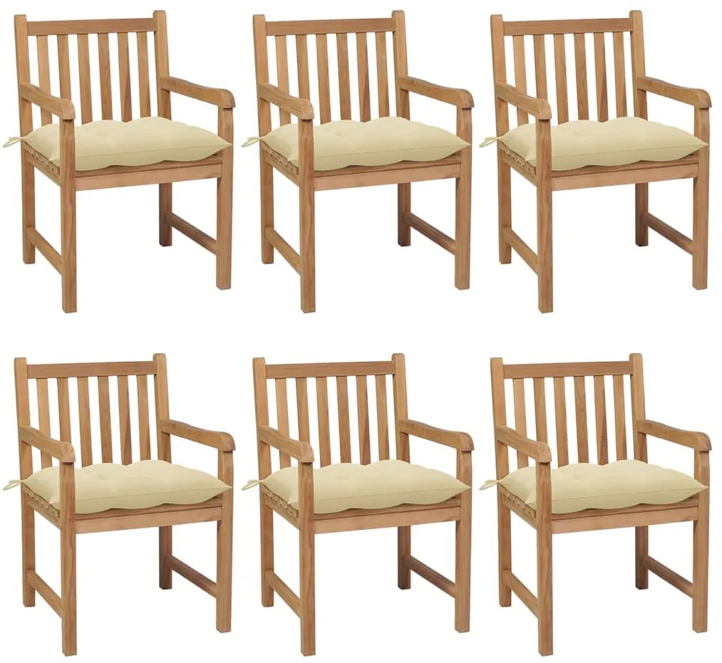 vidaXL Cadeiras de jardim c/ almofadões branco nata 6 pcs teca maciça