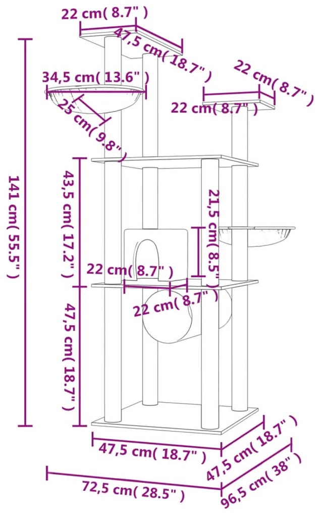 Árvore p/ gatos c/ postes arranhadores sisal 141 cm cinza-claro