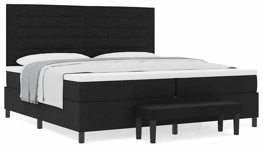 Cama com Box Spring com Colchão &amp; Banco Preto 200x200 cm Tecido