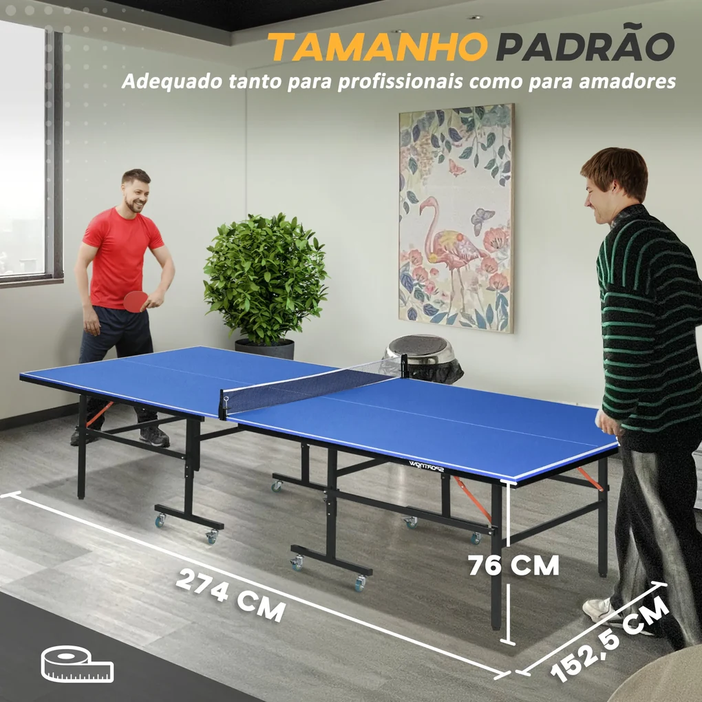 Mesa de Ping Pong Dobrável com Rede – Cor Azul – Aço e MDF – 152.5x274x76cm