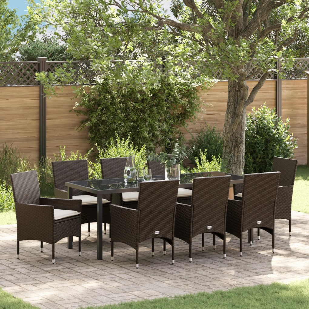 Conjunto de Jantar de Jardim vidaXL 9 Peças com Almofadas em Rattan Poli Castanho