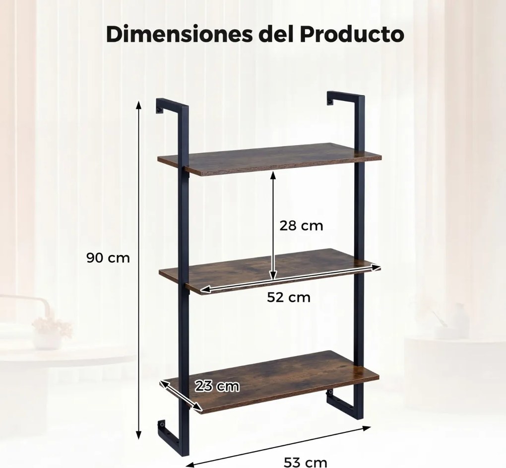 Prateleira suspensa 53 x 23 x 90 cm de 3 níveis para parede, pronta a montar, para cozinha, balcão de café, arrumação suspensa para sala, escritório e