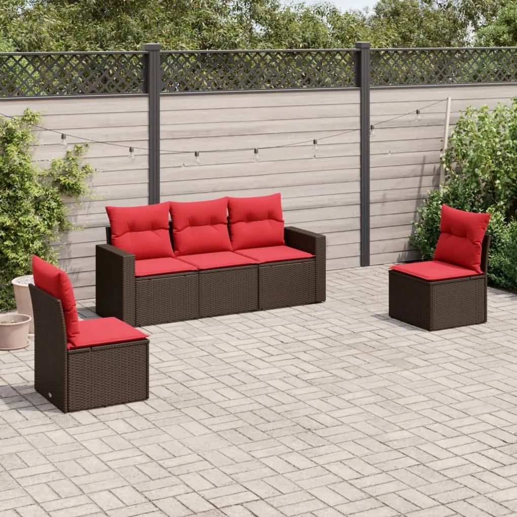 vidaXL 5 pcs conjunto sofás p/ jardim c/ almofadões vime PE castanho