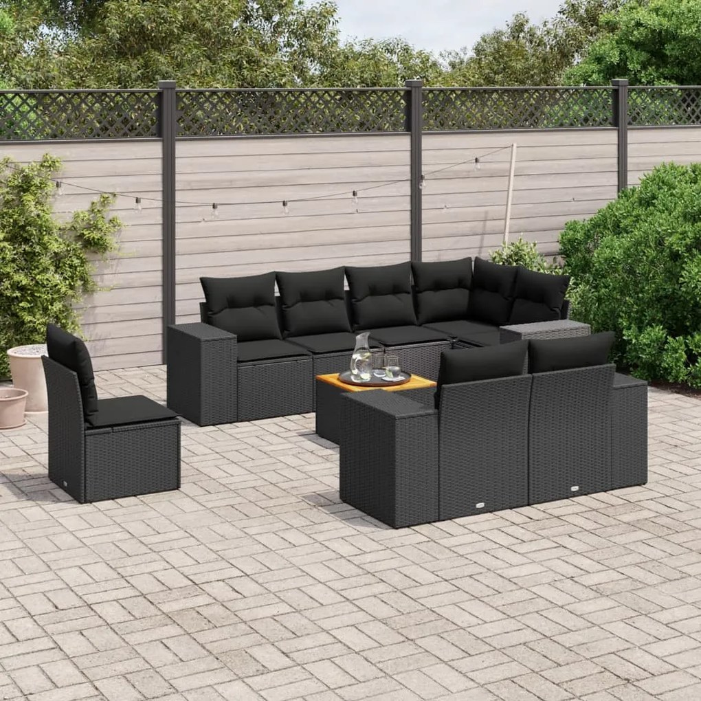 9 pcs conjunto de sofás p/ jardim c/ almofadões vime PE preto