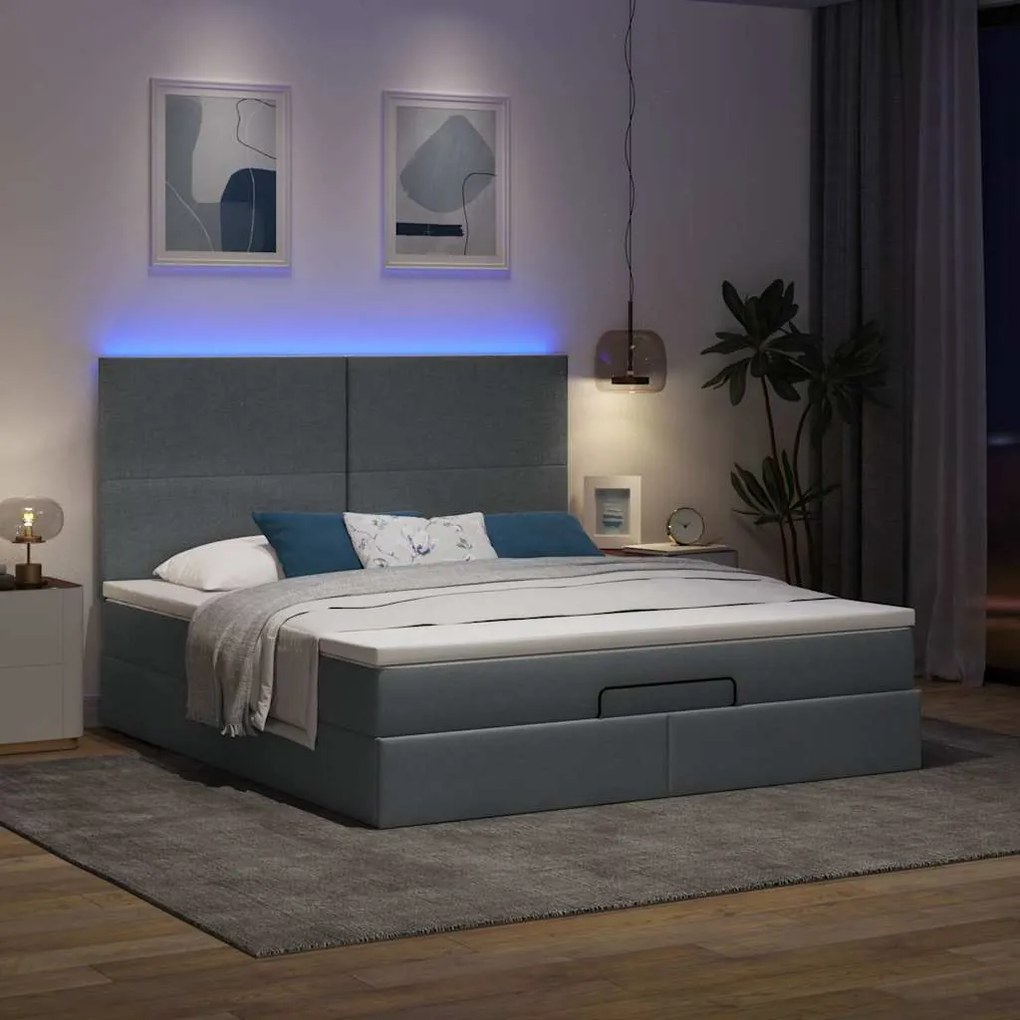 Estrutura de cama otomana com colchão tecido cinzento escuro