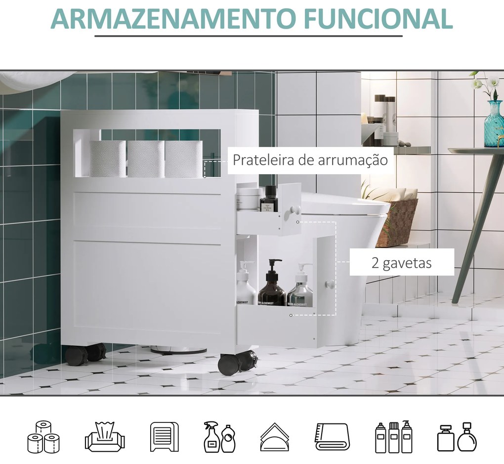 Armário Casa de Banho para Espaços Reduzidos com 4 Rodas Prateleira Aberta e Gavetas 16x52x71,5 cm Branco