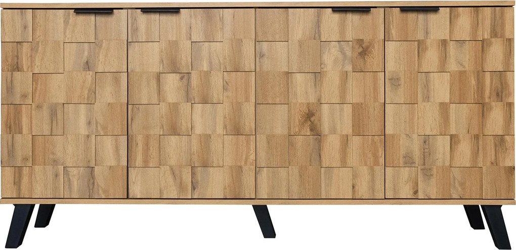 Aparador moderno com 4 portas, padrão geométrico de veios de madeira, amplo espaço de arrumação, 160,5x35,5x78 cm, Cor natural