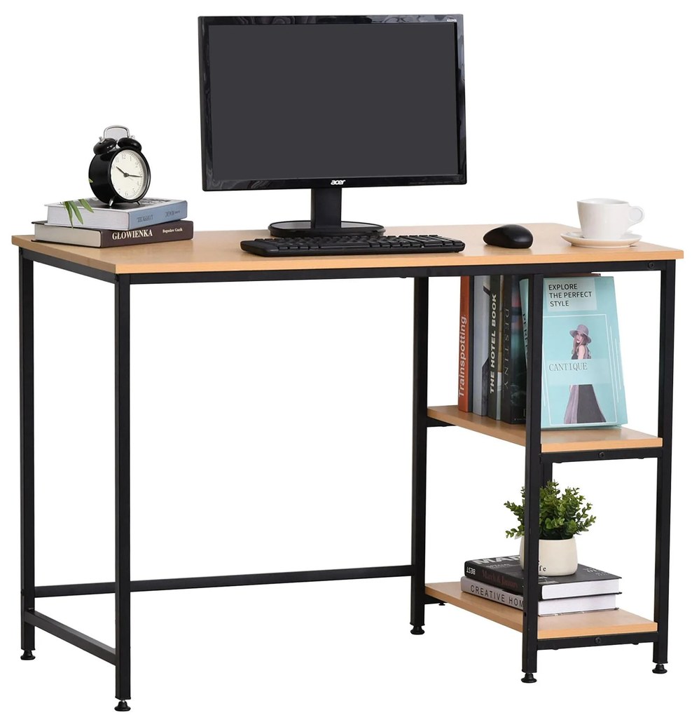 HOMCOM Mesa para Computador com 2 Prateleiras Pés Ajustáveis ​​106x50x76 cm Cor Madeira