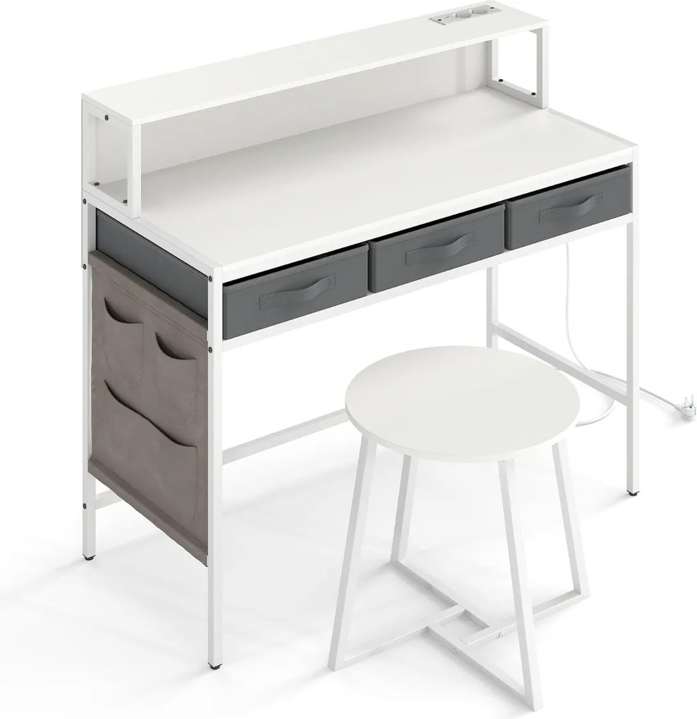 Secretária para computador 110 x 50 x 95,5 cm com tomadas elétricas com banco com suporte para monitor e Gavetas de tecido Branco
