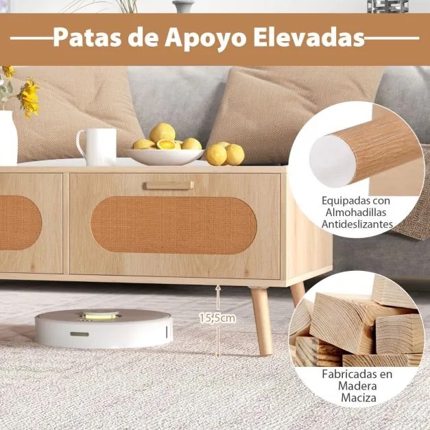 Mesa de centro em rattan 100 x 50 x 41 cm moderna com 2 gavetas e compartimento traseiro retangular com pernas de madeira para sala de estar Natural