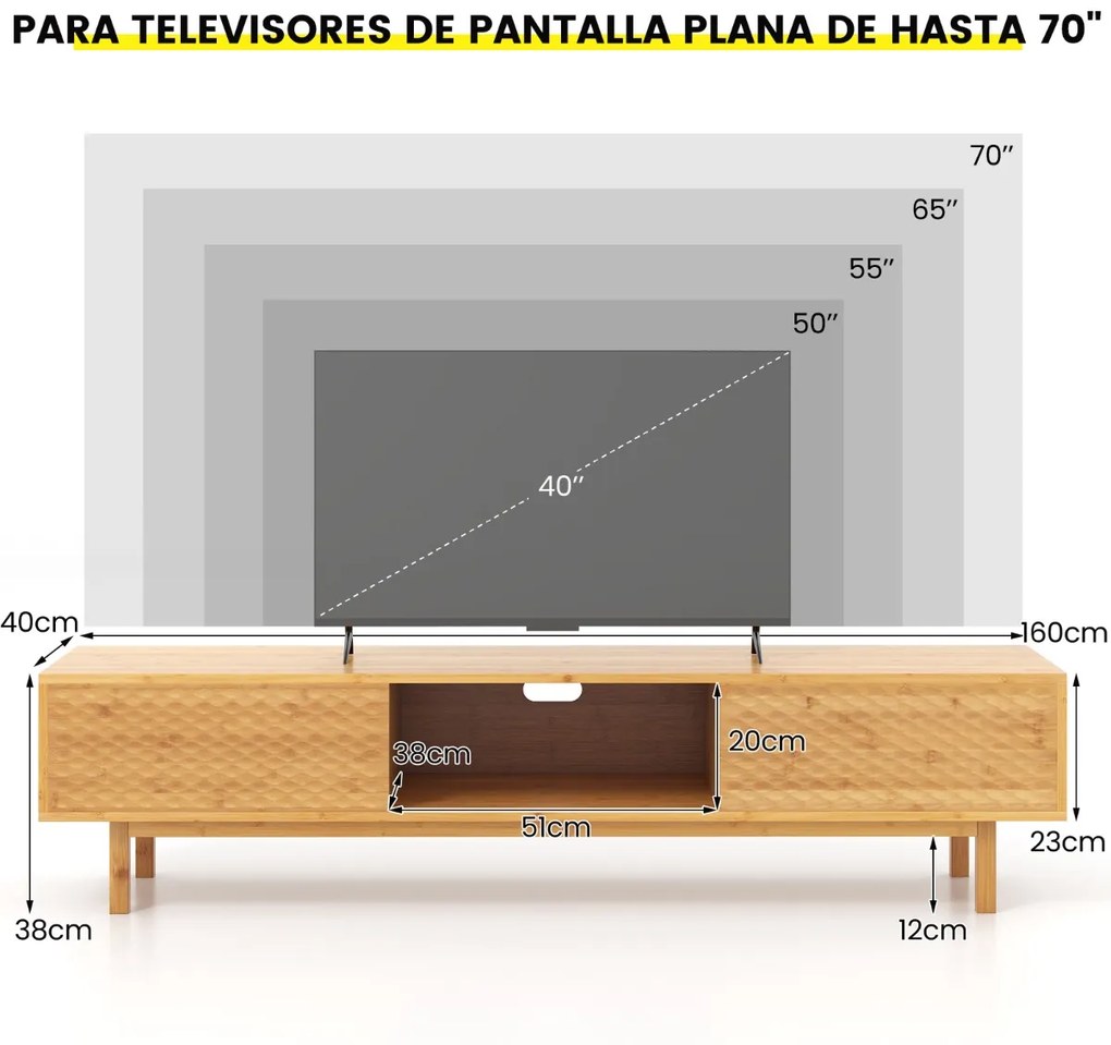 Móvel de TV em bambu 160 cm para TVs com portas de correr 3 compartimentos de arrumação para sala de estar natural