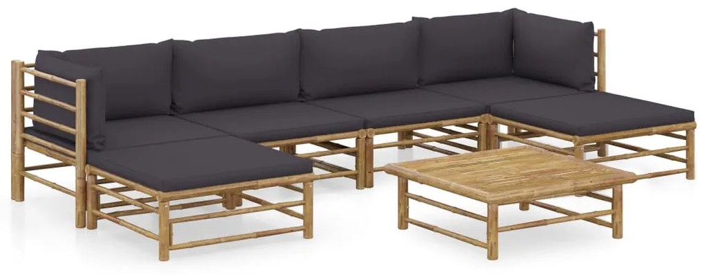 vidaXL 7 pcs conj. lounge jardim em bambu c/ almofadões cinza-escuro