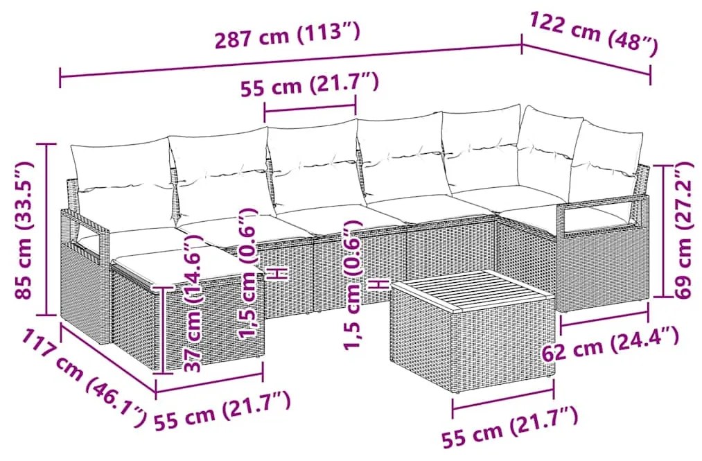 Conjunto de Sofá de Jardim de 8 peças com almofadas bege em rattan sin