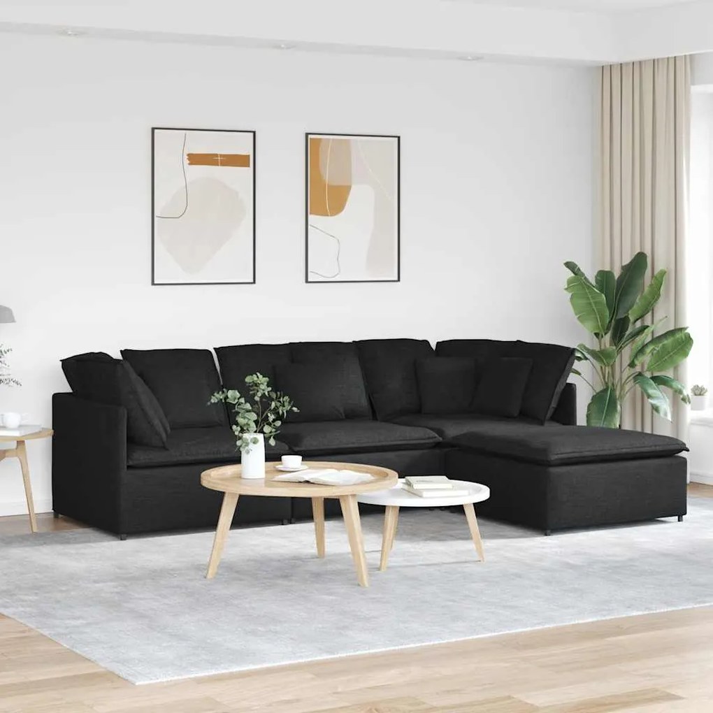 Sofá modular com pufes e almofadas tecido preto