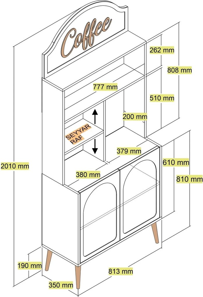 Armário de Cozinha/Sala "Caffè" - Branco e Dourado - 81.3x201x35cm - D