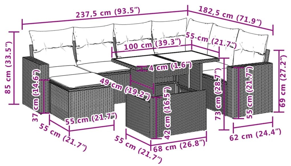 8 pcs conjunto de sofás p/ jardim com almofadões vime PE bege