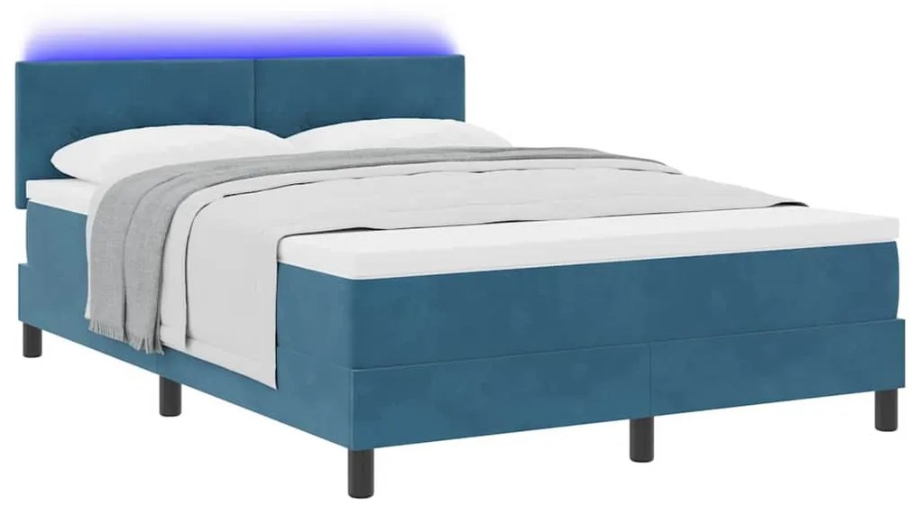 Cama Box Spring vidaXL com Colchão e LED Azul Escuro 140x190 cm Veludo