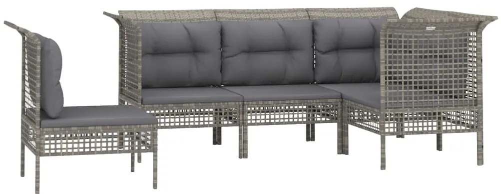 5 pcs conjunto lounge de jardim c/ almofadões vime PE cinzento