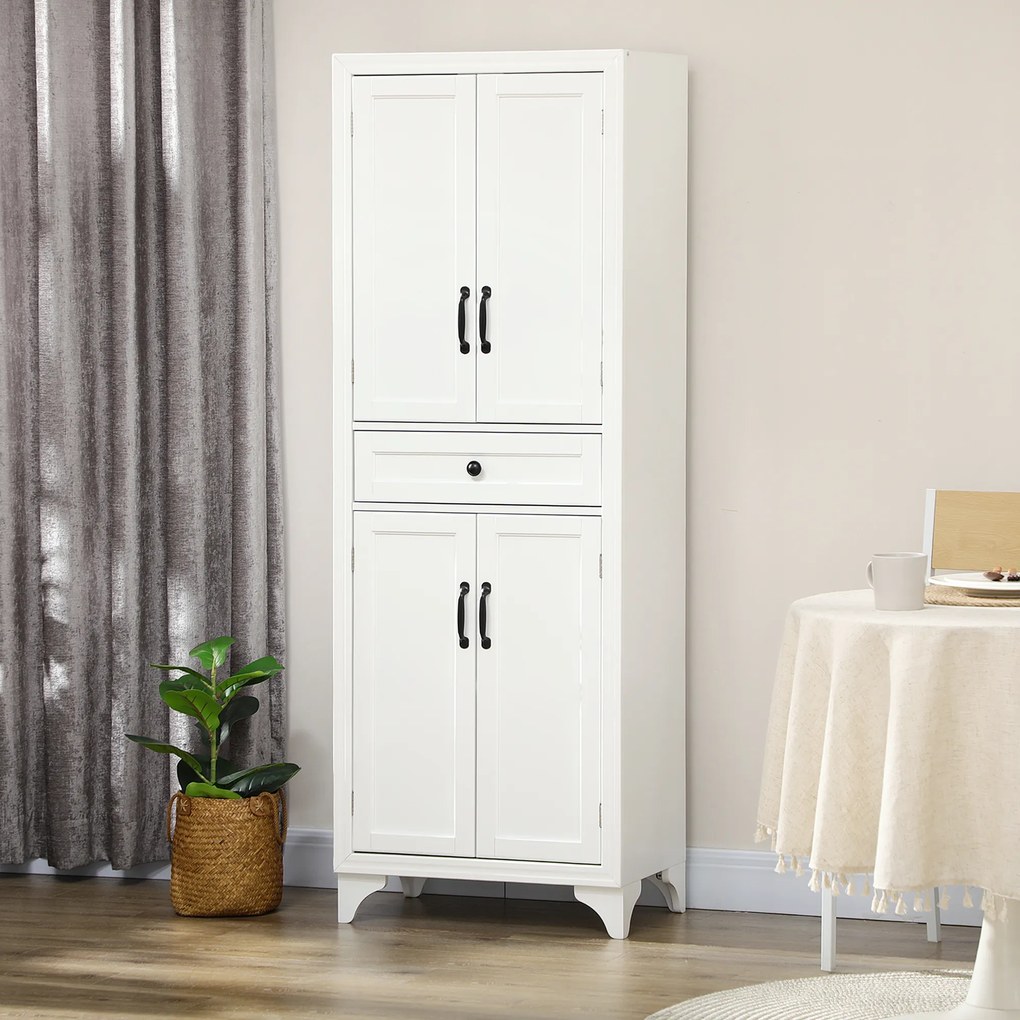 Armário alto de cozinha com 4 portas, 2 compartimentos e 1 gaveta central, altura de 170 cm, com prateleira ajustável, branco
