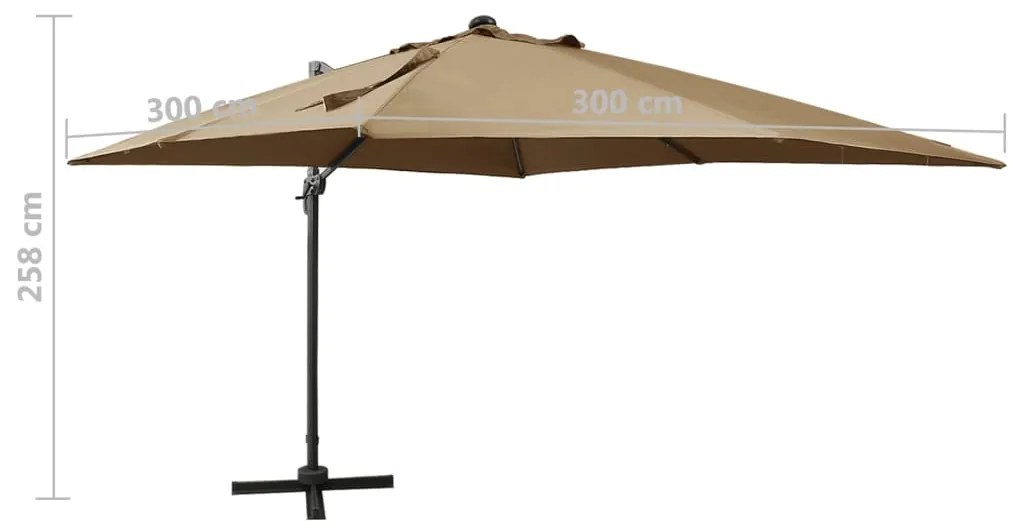 Guarda-sol jardim c/ poste e luzes LED 300 cm cinza-acastanhado