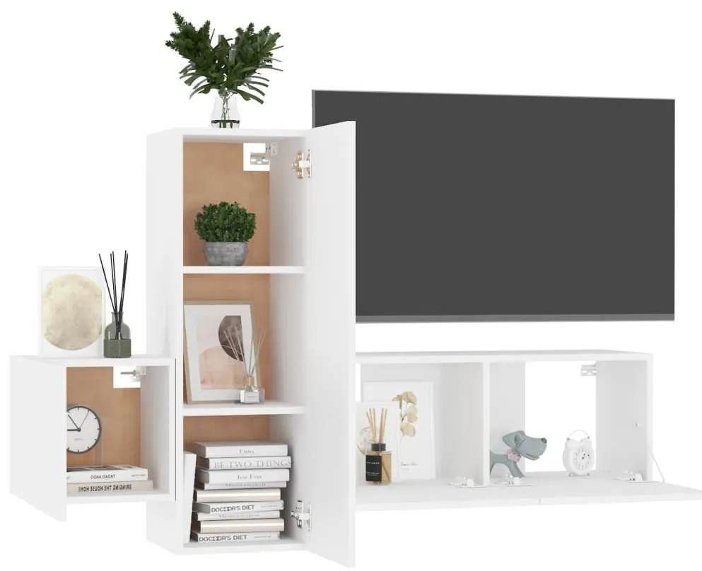 3 pcs conjunto de móveis de TV derivados de madeira branco