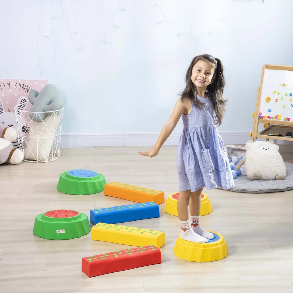 Outsunny Conjunto de 8 Traves de Equilíbrio para Crianças de 3-6 Anos Degraus de Equilíbrio com Almofadas Antiderrapantes para Interior e Exterior Carga Máxima 50kg 45,5x11,5x8cm Multicor