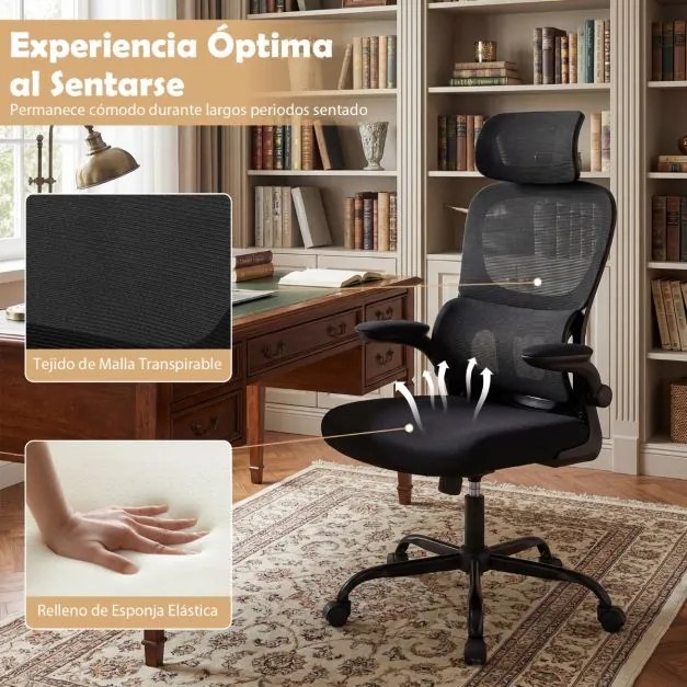 Cadeira escritório ergonómica com rodas, encosto alto em malha, apoio lombar e apoio de cabeça ajustáveis, apoios de braços rebatíveis, assento em esp