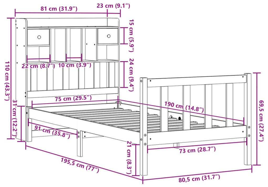 Cama com estante sem colchão 75x190 cm pinho maciço