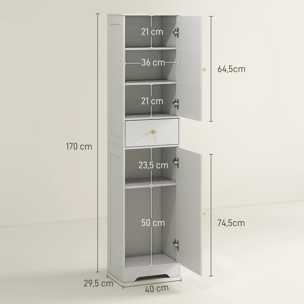 Coluna Casa de Banho com 2 Portas Arqueadas Gaveta e Prateleiras Ajustáveis Armário Alto Casa de Banho 40x29,5x170 cm Branco com Veios