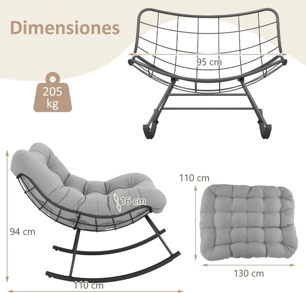 Cadeira de baloiço para interior e exterior com almofada acolchoada com estrutura metálica Capacidade 205 kg para pátio jardim Cinza