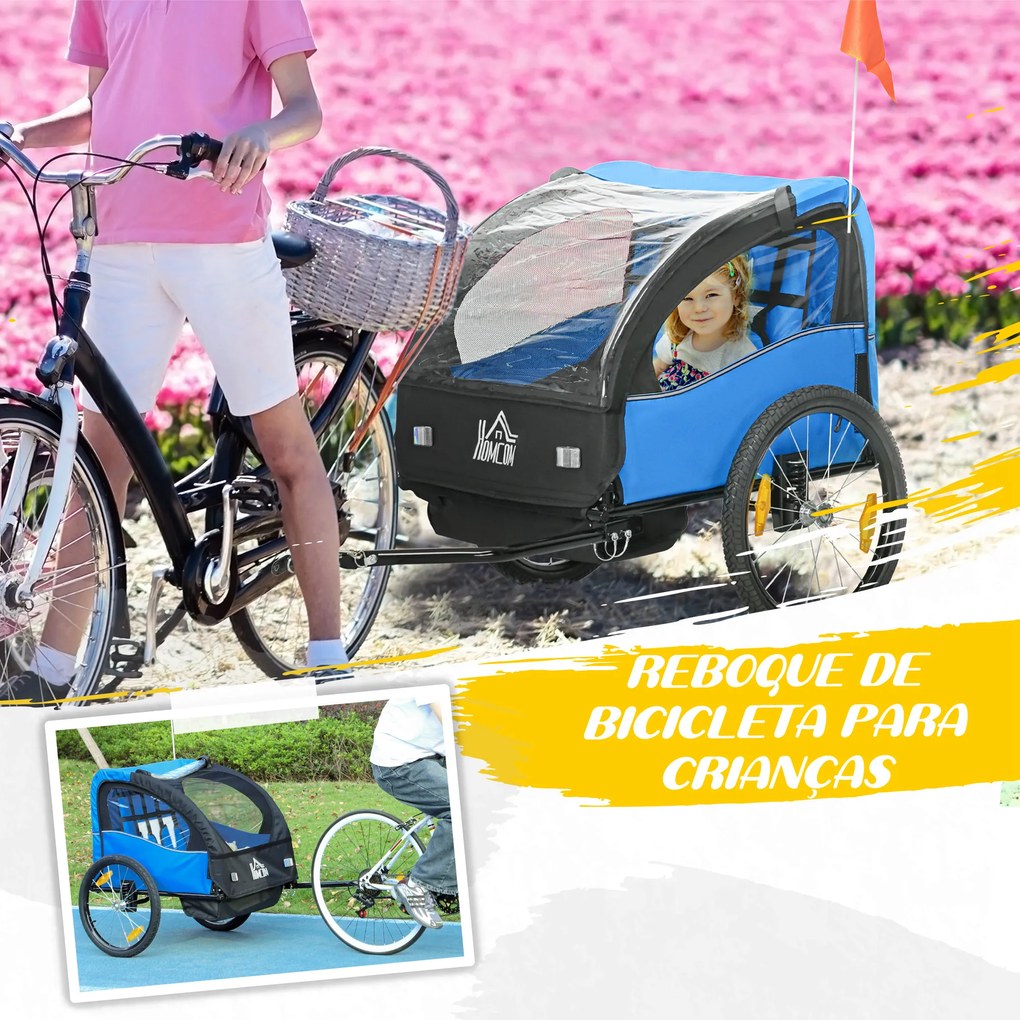 Reboque de Bicicleta para Crianças de 2 Lugares com Cinto de Segurança e Sistema de Amortecimento 140x88x90 cm Azul