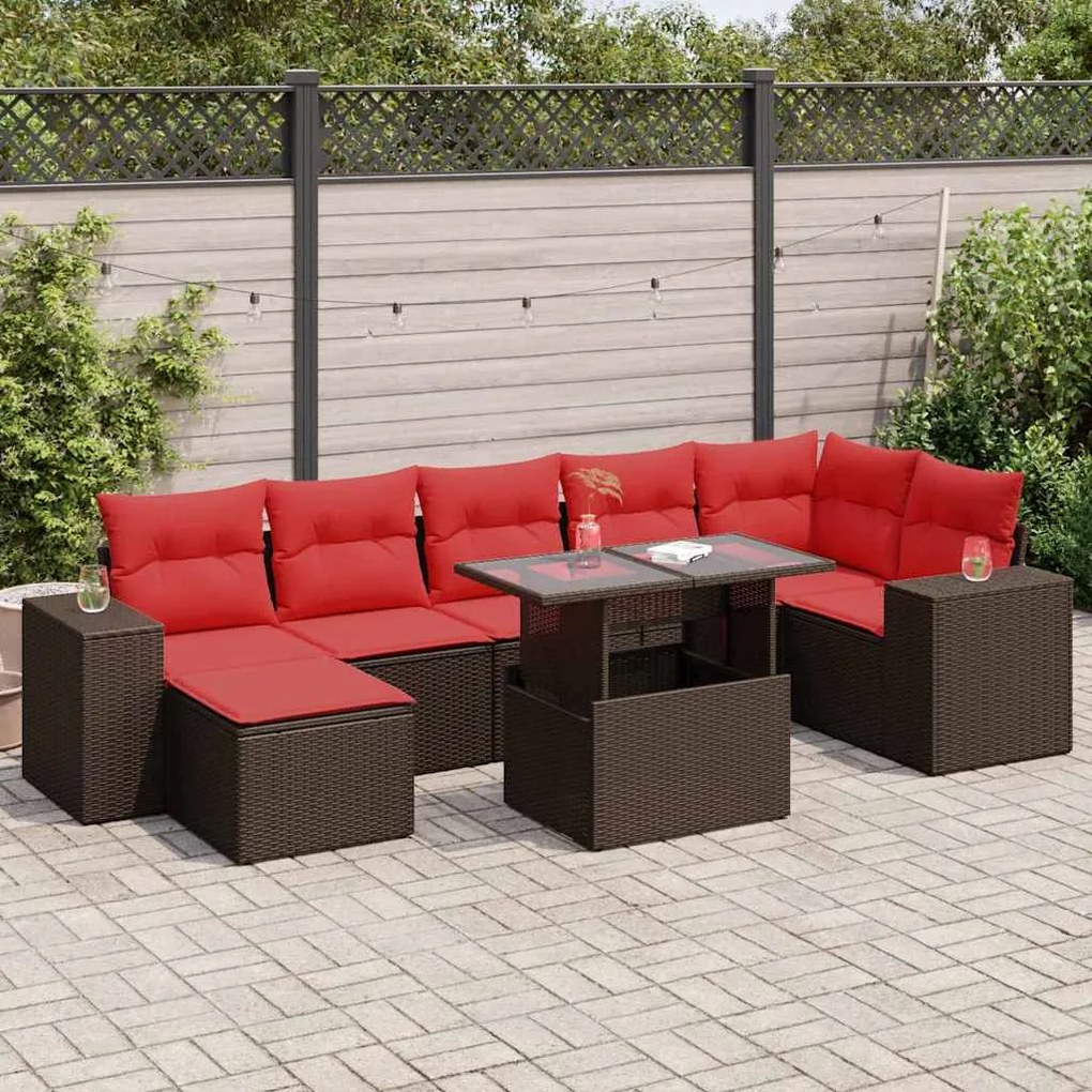 8 pcs conj. sofás jardim c/ almofadões vime PE/acácia castanho