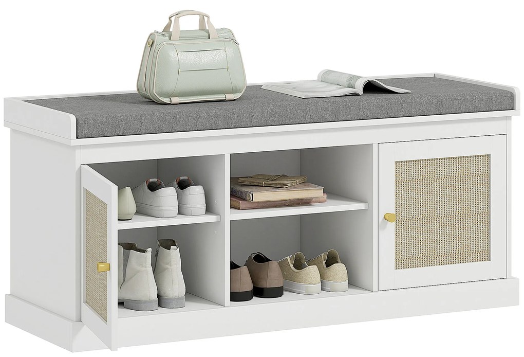 HOMCOM Banco Sapateira Móvel Sapateira Boémio com Assento Acolchoado Portas com Frente em Vime Prateleira Aberta Prateleira Ajustável para 9 Pares de Sapatos para Entrada 105x35x47 cm Branco