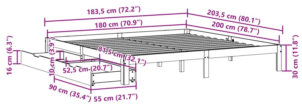 Estrutura de cama c/ gavetas 180x200 cm pinho maciça branco