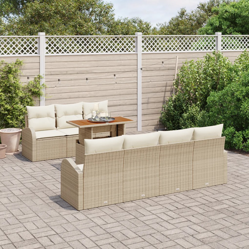 Conjunto de Sofá de Jardim com 8 Peças e Almofadas Bege Vime Poly, Sof