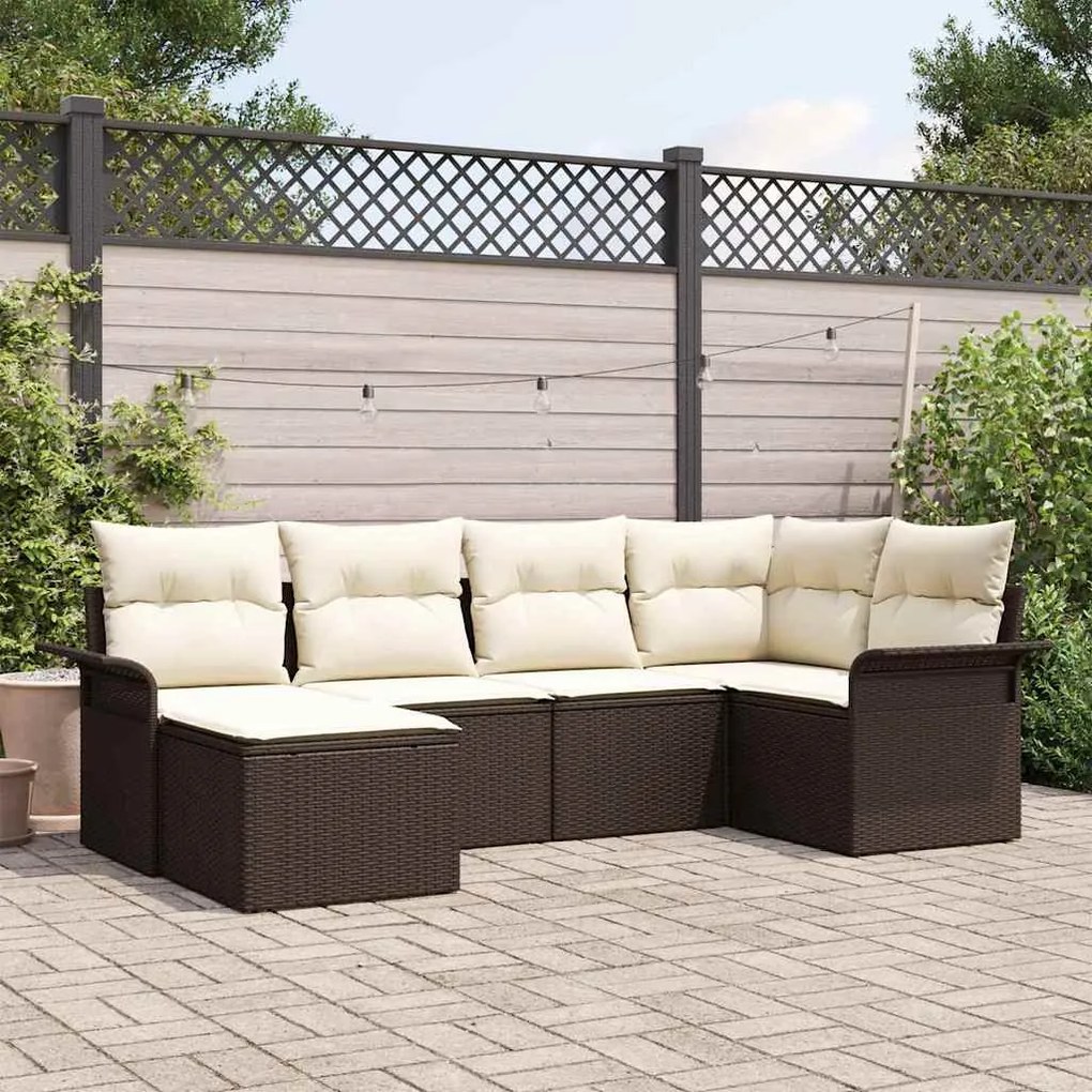 vidaXL Conjunto de Sofá de Jardim com 6 Peças e Almofadas Castanhas em Rattan Sintético.