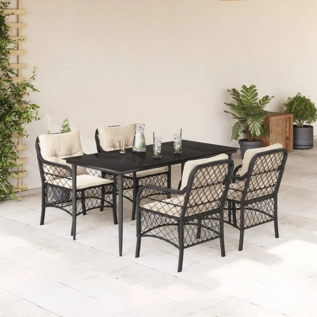 5 pcs conjunto de jantar p/ jardim c/ almofadões vime PE preto
