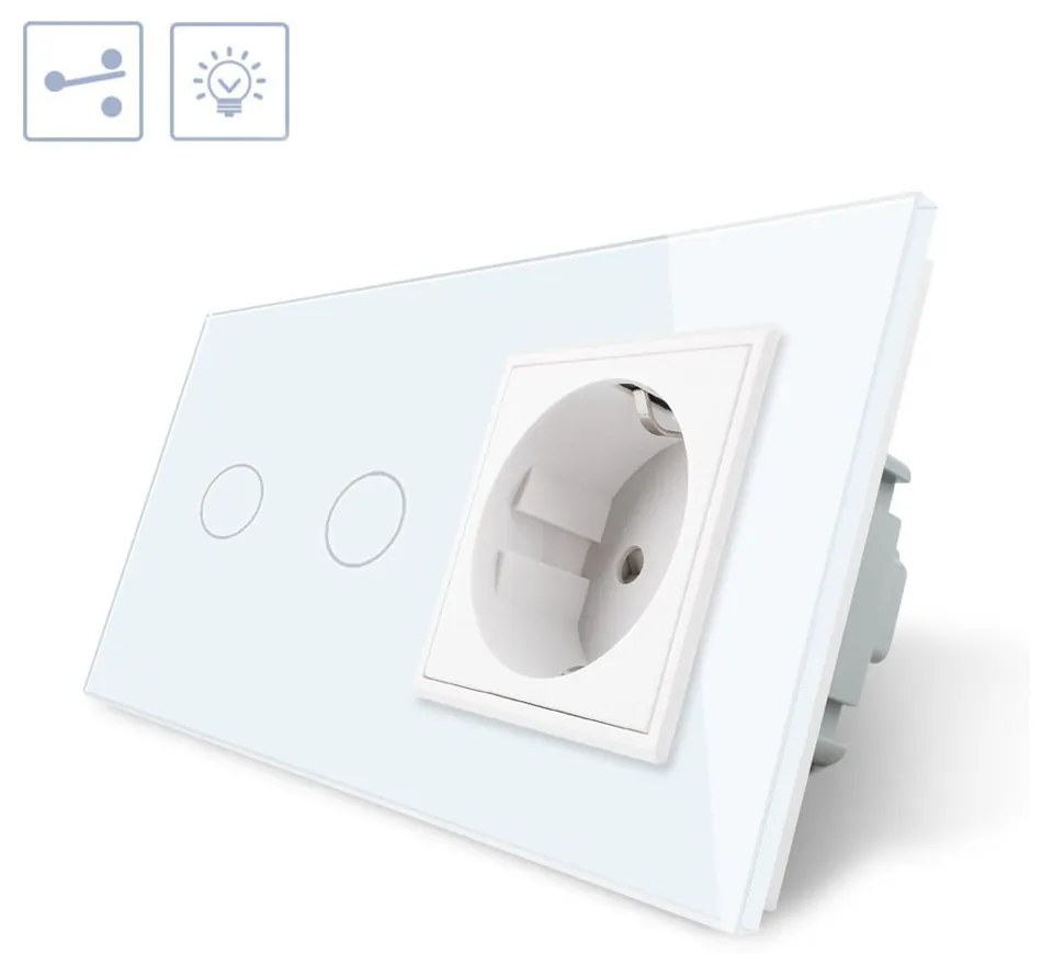 Interruptor tátil 2 botões + 1 tomada, Painel frente branco vidro temperado