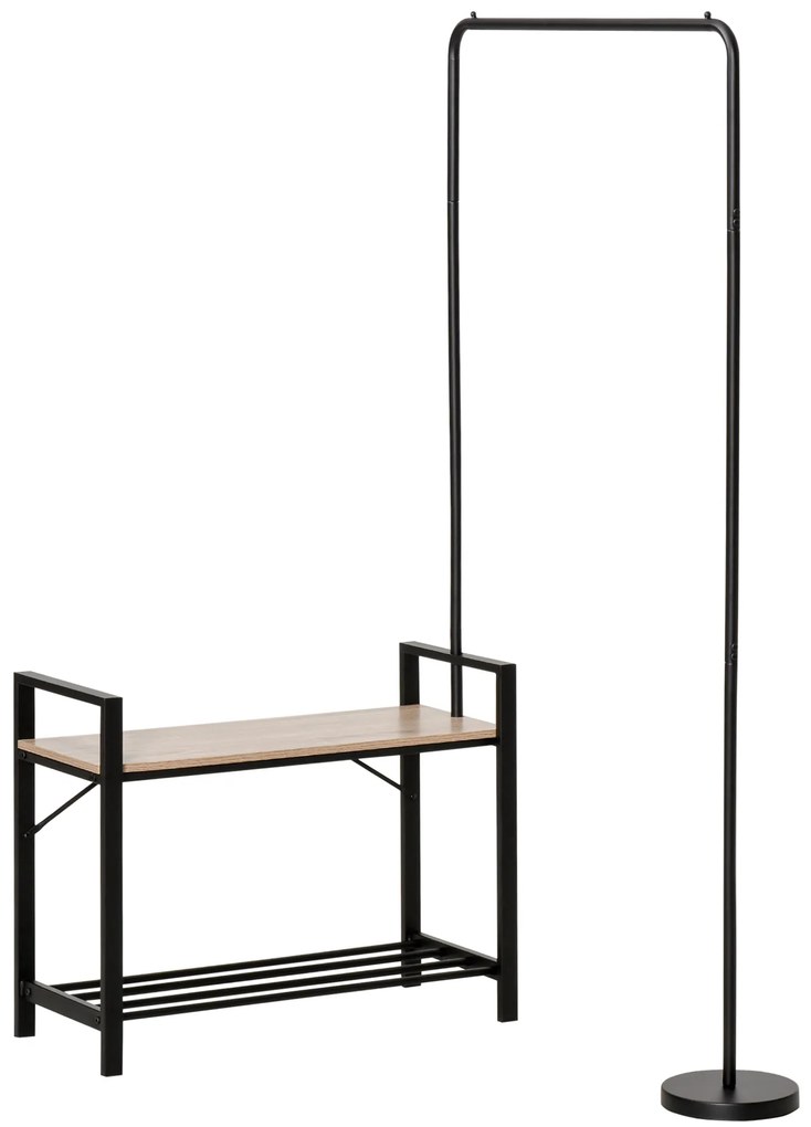HOMCOM Suporte para Cabides com Sapateiro e Banco 3 em 1 Cabideiro Giratório 360° com Prateleira 159x30x159cm Preto e Madeira | Aosom Portugal